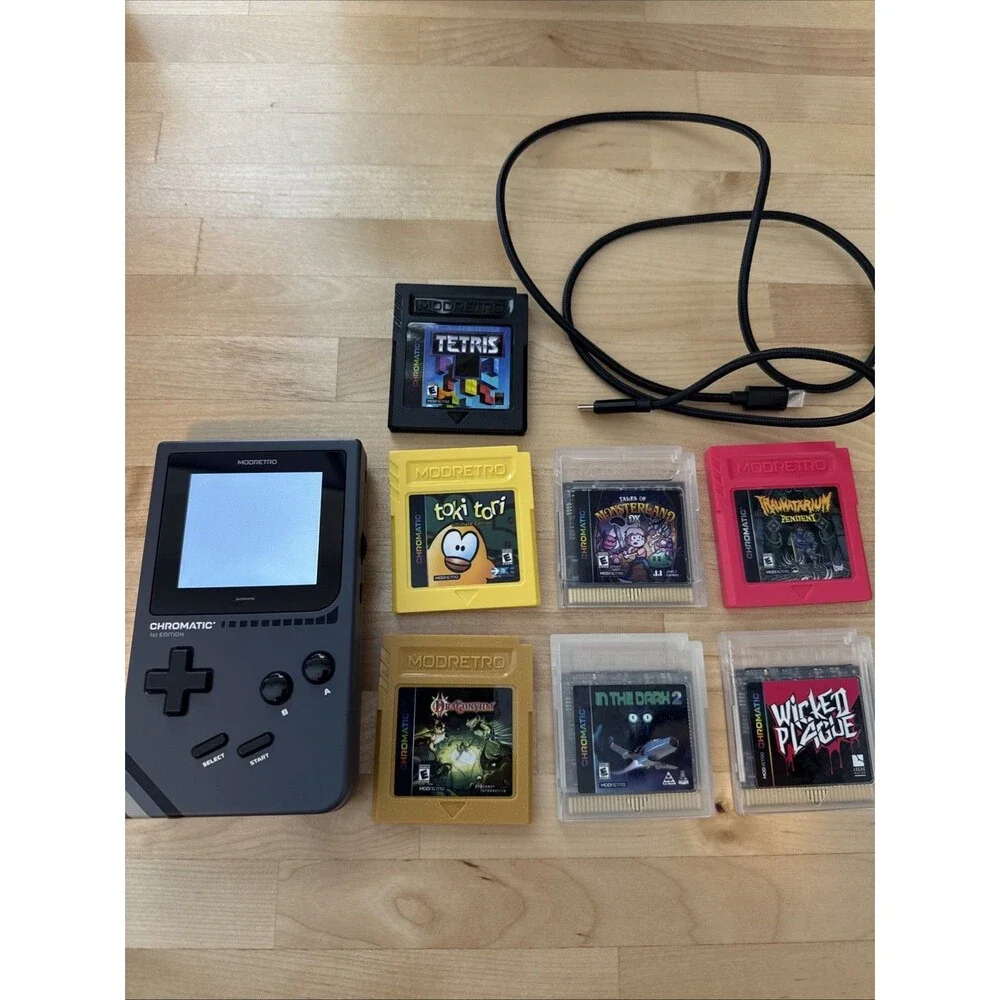 ModRetro Chromatic 1st Edition Black Sapphire Screen Game Boy with 7 Games